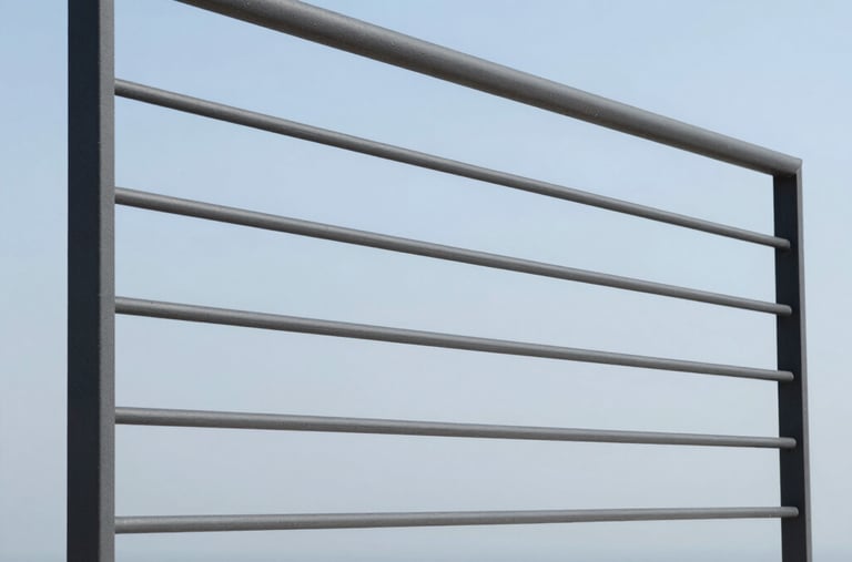 Close-up of a sleek metal railing freshly welded and polished outdoors.