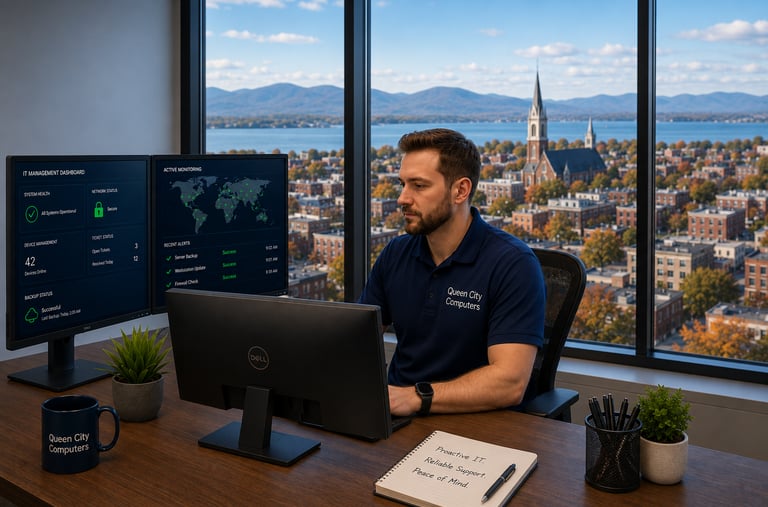 Technician performing 24/7 monitoring and managed IT services for Burlington businesses