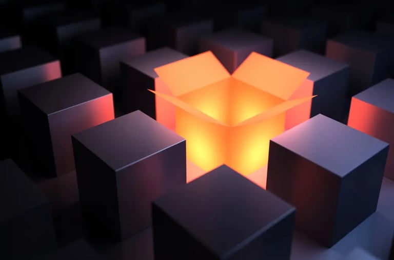 A glowing open box is surrounded by closed grey boxes.