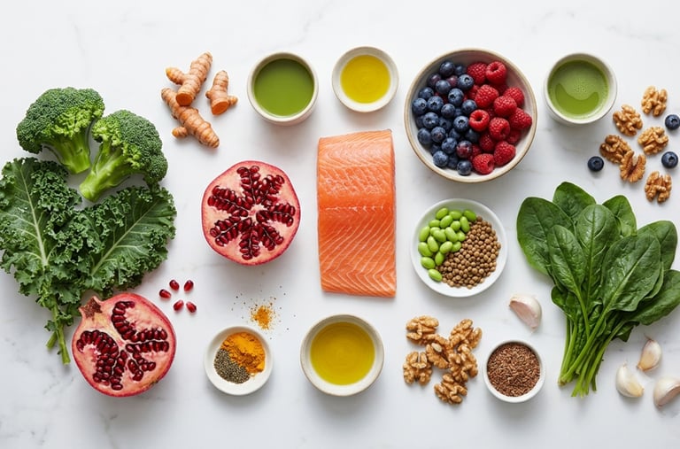 Flat lay of superfoods including salmon, kale, berries, and turmeric for a healthy diet.