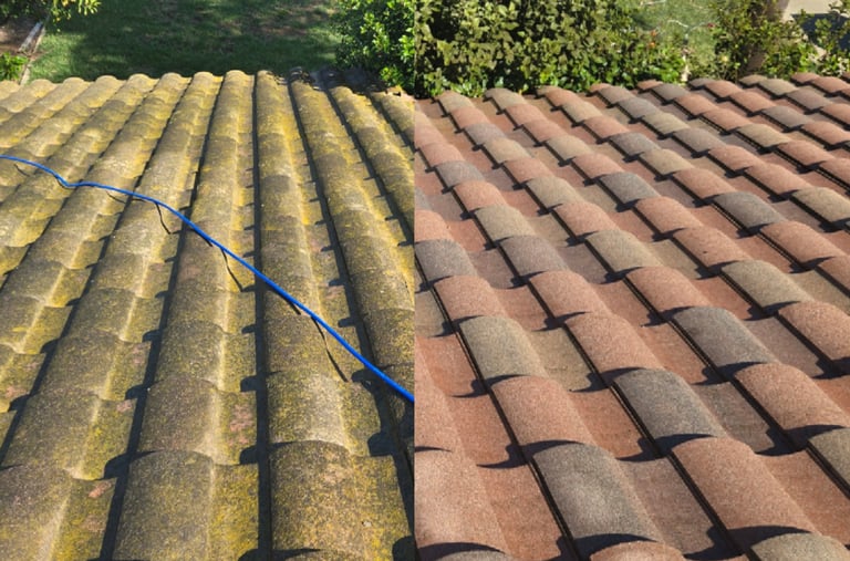 Before and after roof cleaning showing moss removal from terracotta tiles in San Marcos, CA.