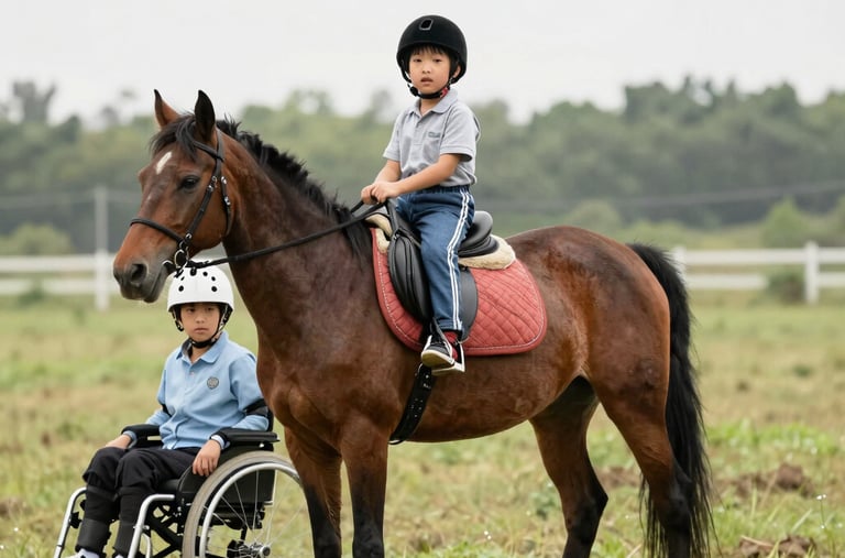 A child with a disability confidently riding a horse with supportive adaptive equipment.
