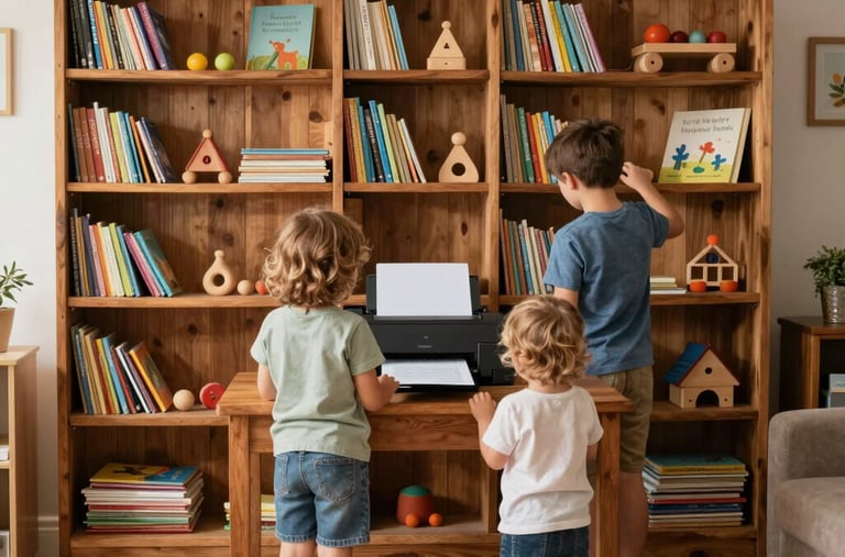 Children from behind standing in a cosy, rustic room, eagerly watching as a page prints