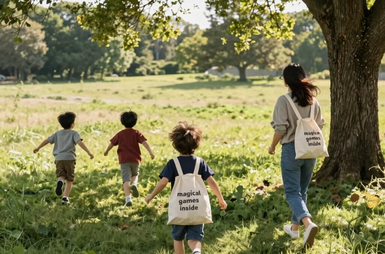 Colorful cards laid out on a wooden table showing organic gardening games for kids.