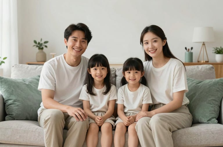A happy, smiling family of four sitting on a sofa in a bright, modern living room with soft lighting. The room is decorated in off-white and soft sage green tones, reflecting a peaceful and secure atmosphere.