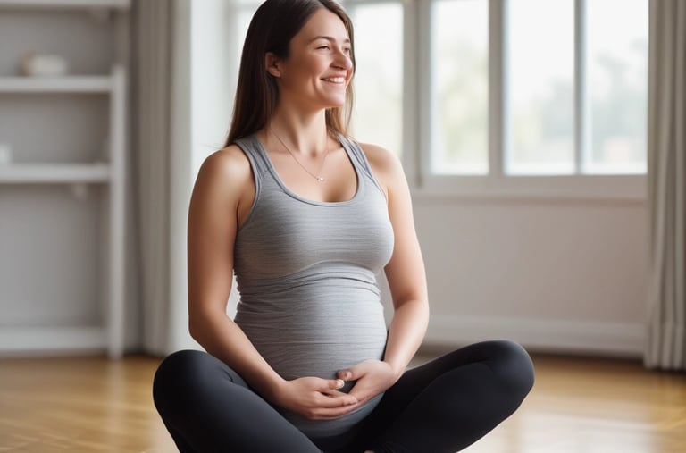 Pregnant woman doing gentle Pilates exercises at home, smiling and relaxed.