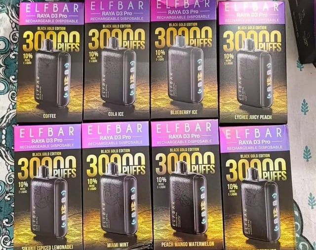 A variety of Elf Bar Raya D3 Pro 20000 puff rechargeable disposable vapes in assorted flavors.