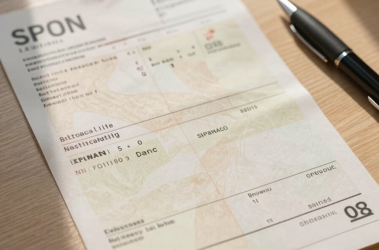 Overhead close-up of a Spanish electricity bill spread flat on a light wooden table, a pen resting beside it, soft natural window light casting gentle shadows, no identifying personal data visible, warm cream tones