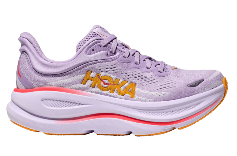 Hoka Bondi 9 running shoe in Starlight Glow colorway showing knit upper, 43 mm stack height, and redesigned heel collar.