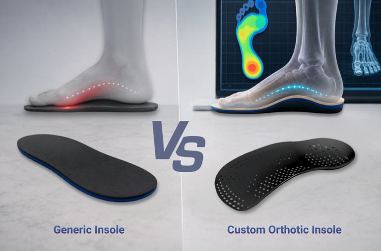 Comparison of generic insoles and custom orthotic insoles for foot support and pressure relief