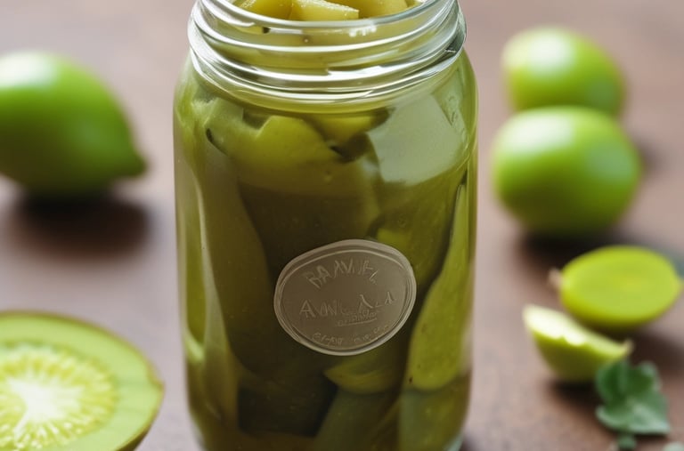 Vibrant amla pickle in a rustic bowl with chili flakes scattered around