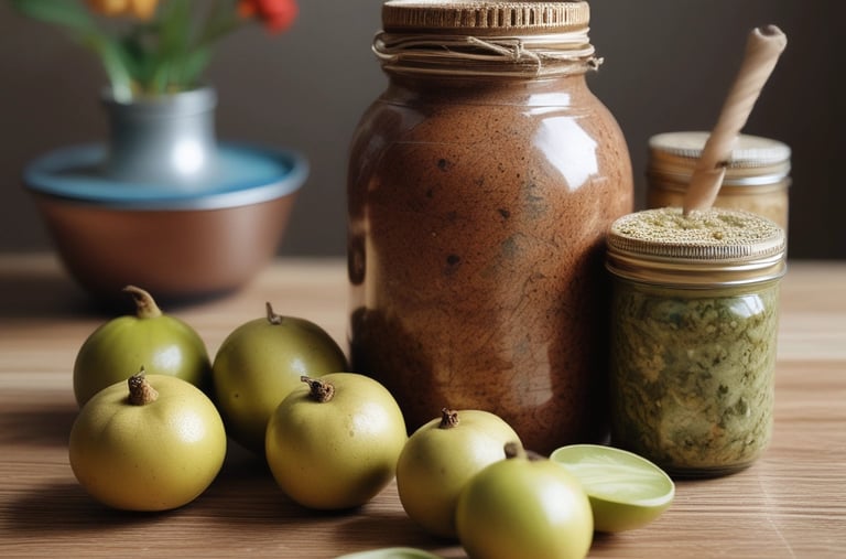 Vibrant amla pickle in a rustic bowl with chili flakes scattered around