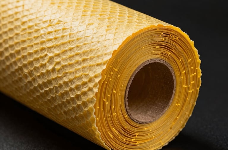 Roll of innovative honeycomb paper wrap on a sleek black background, modern organic protective material, cyber yellow studio spotlight highlighting the texture, product photography.