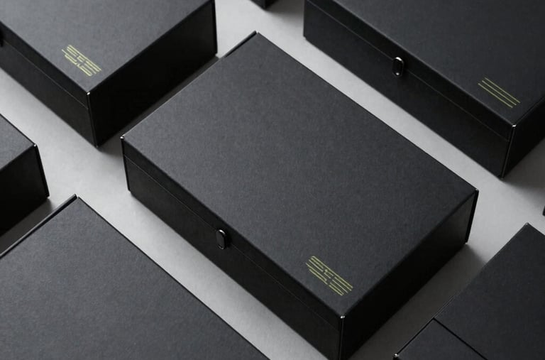 Custom high-tech black mailer boxes featuring minimalist lines, crisp clean geometric arrangement, subtle cyber yellow cybernetic branding, top-down product layout photo.