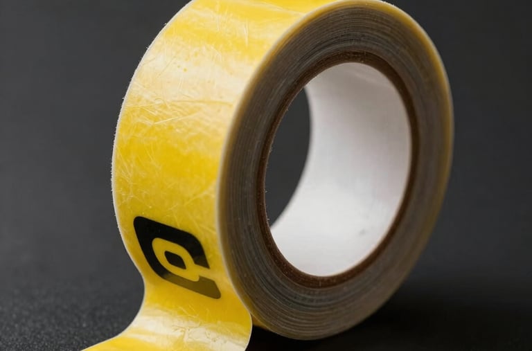 A close-up of custom printed paper adhesive tape, minimalist design with cyber yellow and black corporate patterns, setting on a dark reflective surface, sleek packaging brand identity, photography.