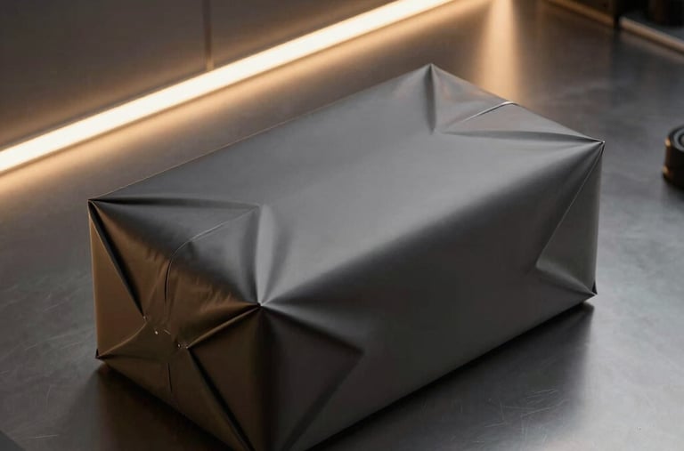 A sleek modern package wrapped securely and ready for transit, resting on a minimalist dark metallic workspace with cyber yellow ambient light trails, crisp high-end product photography.