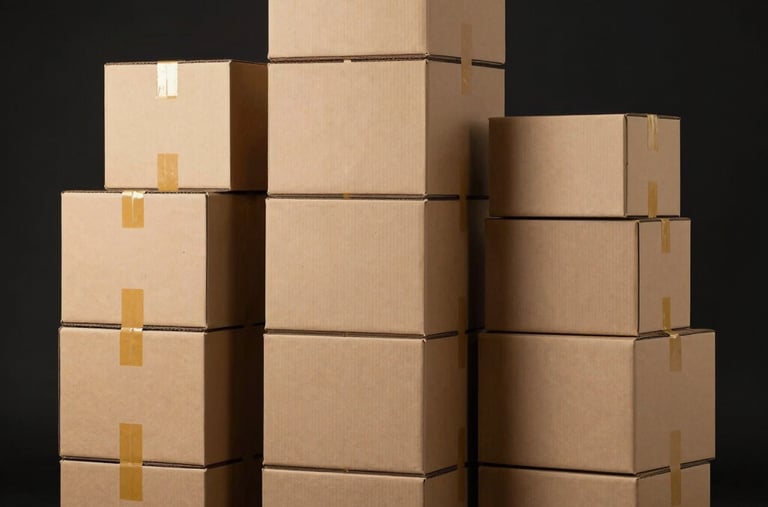 Eco-friendly natural brown cardboard delivery boxes of various sizes stacked in a perfect minimalist grid against a solid matte black background, studio lighting with yellow accents.