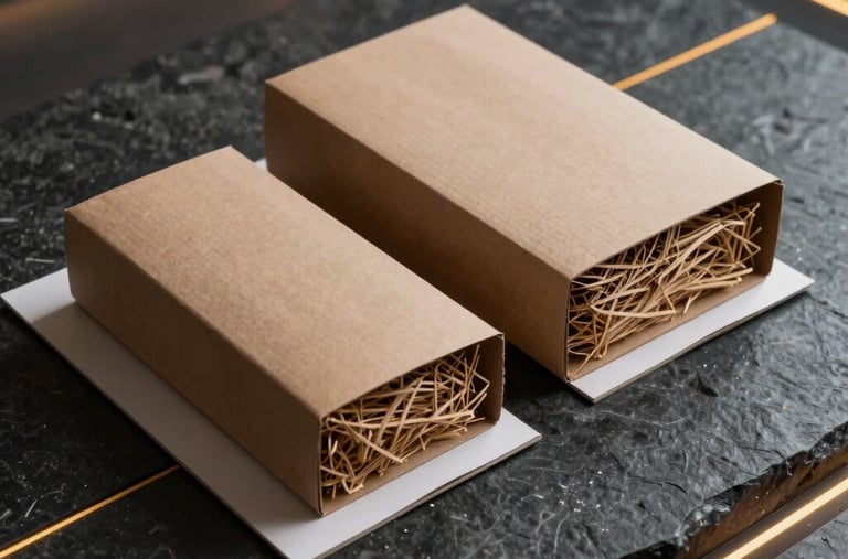 Sustainable packing paper fillings and protective layers elegantly arranged on a dark futuristic stone surface with dynamic cyber yellow side lighting, eco-modern design aesthetic, photography.