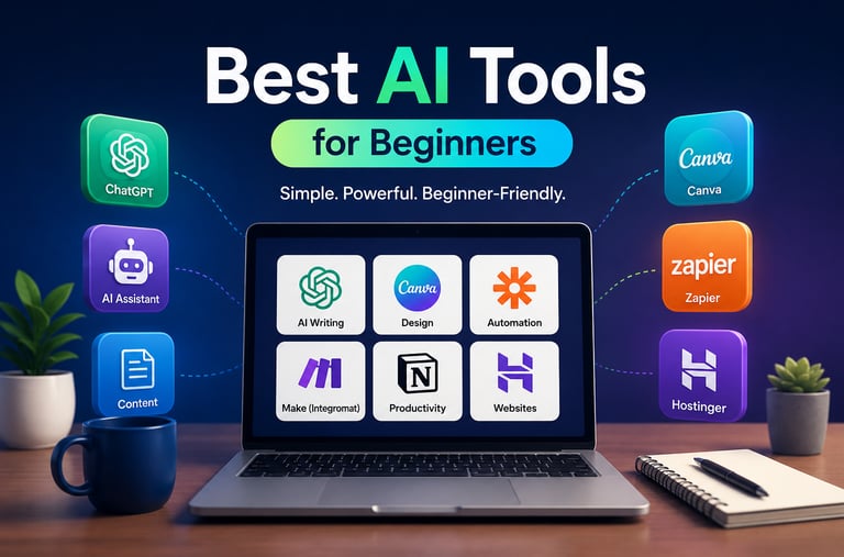 A laptop displaying the best AI tools for beginners including ChatGPT, Canva, Zapier, and Notion icons.