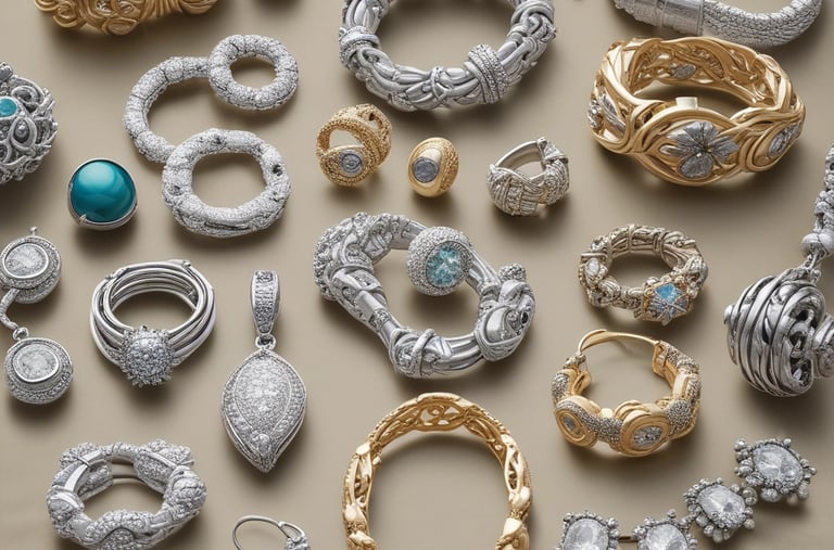Rows of vintage jewelry and watches displayed in glass cases.