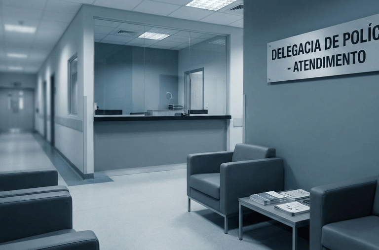 Empty Brazilian police station reception area with a service window and waiting room seating.