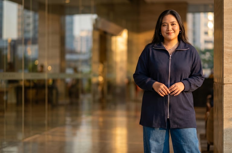 A smiling woman wearing a navy blue zip-up jacket and jeans standing in a modern office lobby at sunset.