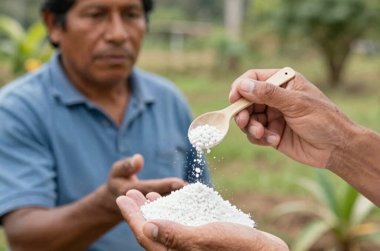Hands of a South American agricultural specialist showing quality organic fertilizer to a local farmer, educational and professional, outdoor setting.
