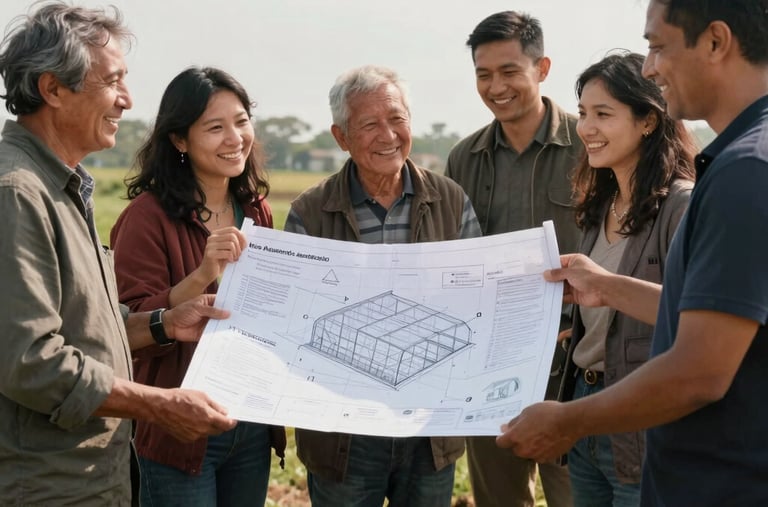 A group of happy local community members standing together in a sunlit field, holding a blueprint of a greenhouse project, smiling, hopeful.