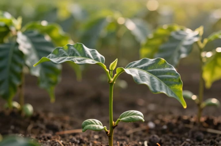 A detailed professional photograph of healthy young coffee bean plants sprouting in a nursery, with soft warm morning light, representing new agricultural beginnings in Colombia.