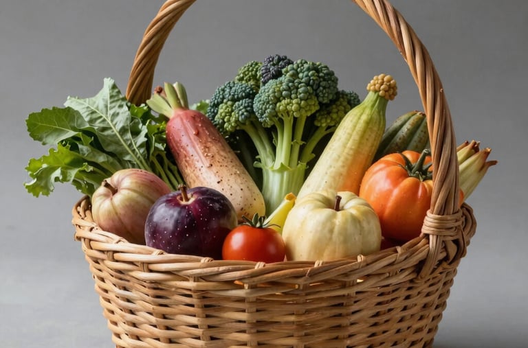 A beautifully crafted traditional Colombian woven basket overflowing with fresh agricultural produce, studio-style natural light.
