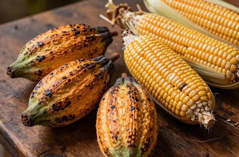 Close-up of a rustic wooden table featuring fresh tropical crops, cacao pods, and maize, symbolizing the agricultural diversity of Colombia, warm earth tones.