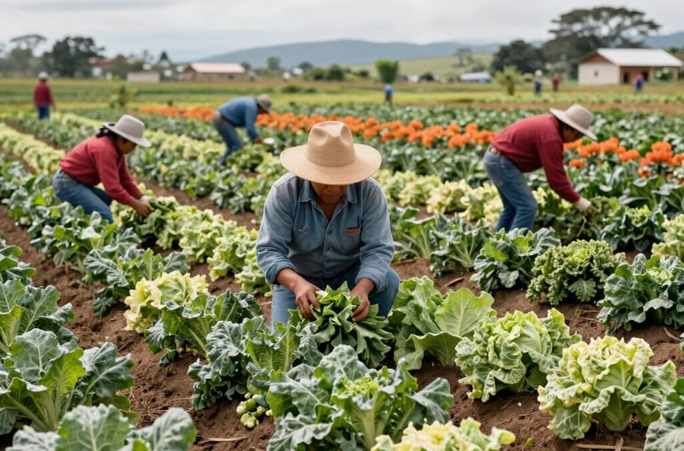 A scenic shot of Colombian farmers working in a vibrant vegetable crop field, cooperative work, bright daylight, professional photography.
