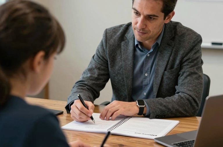 An expert educator in British Columbia sitting with a parent and student at a wooden meeting desk, planning a custom curriculum with warm encouragement.