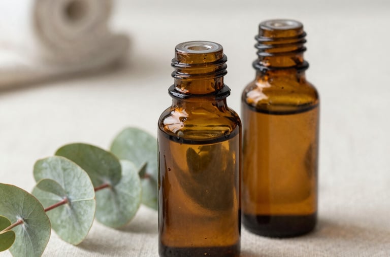 Close-up photography of organic essential oils in amber glass bottles and fresh eucalyptus sprigs resting on a light neutral linen surface in a tranquil San Diego spa environment.