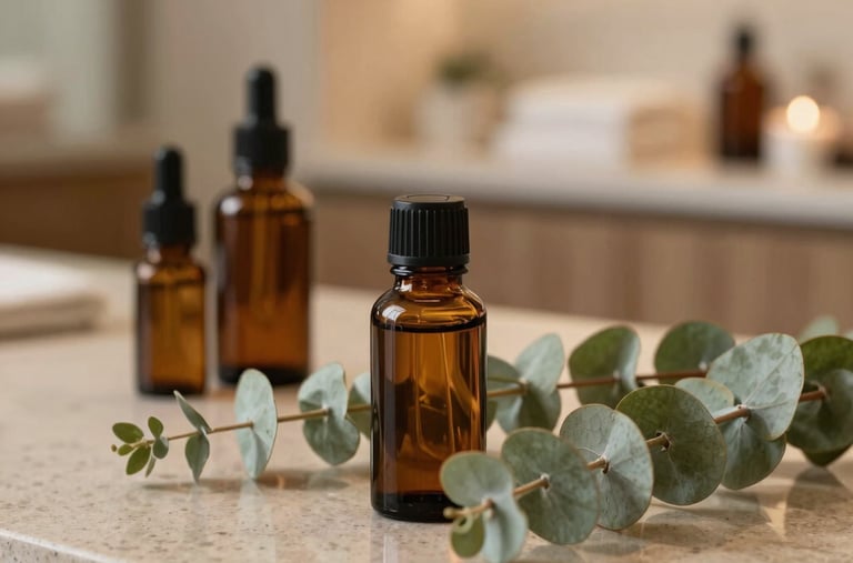 A close-up of amber essential oil bottles and fresh eucalyptus branches sitting on a polished stone countertop in a calm boutique spa in San Diego, California. Soft ambient light, serene and natural aesthetic, professional detail shot.