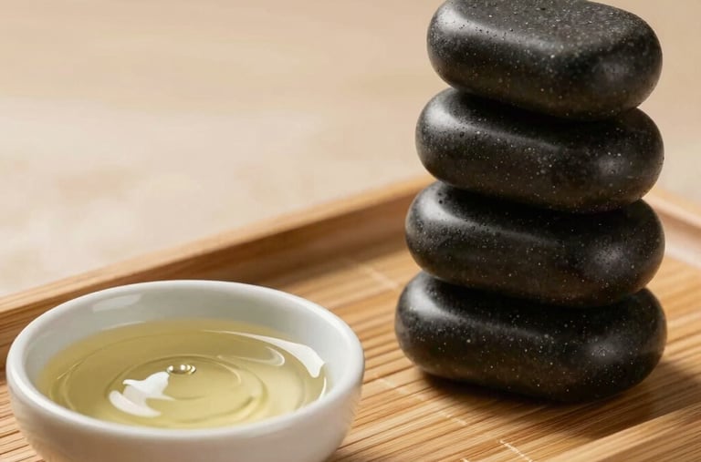 Smooth dark basalt massage stones stacked neatly beside a ceramic dish with soothing herbal lotion on a bamboo tray in San Diego, California. Minimalist spa aesthetic, warm soft focus lighting.