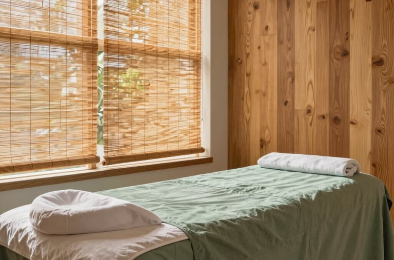 A tranquil massage treatment room at a wellness studio in San Diego, California. Gentle daylight filtering through bamboo blinds onto a massage table dressed in sage green linens, warm natural oak wood accent wall, peaceful atmosphere, high quality photography.