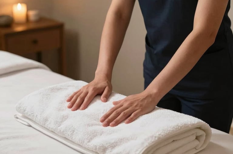 A licensed female massage therapist thoughtfully preparing warm cotton towels in a serene massage studio in San Diego, California. Warm ambient indoor light, calm expression, professional wellness photography.