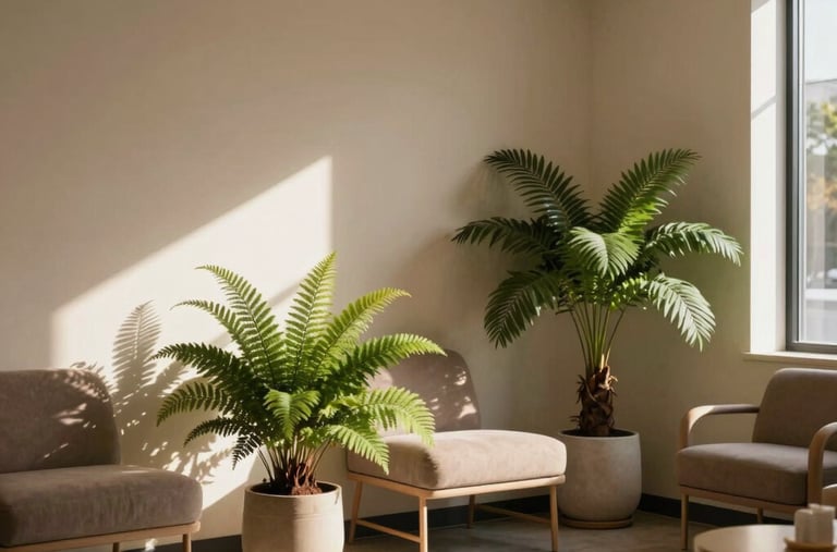 Sunlight illuminating potted botanical ferns in a peaceful waiting room lounge of a massage therapy clinic in San Diego, California. Soothing earth-toned interior design, serene atmosphere, high resolution photography.