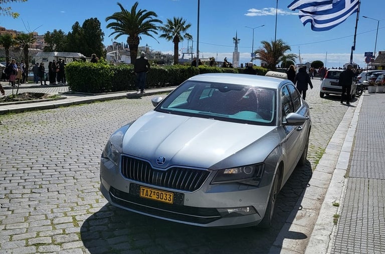 Grey Skoda Superb taxi by Philippi Taxi for comfortable rides and VIP transfers in Kavala.