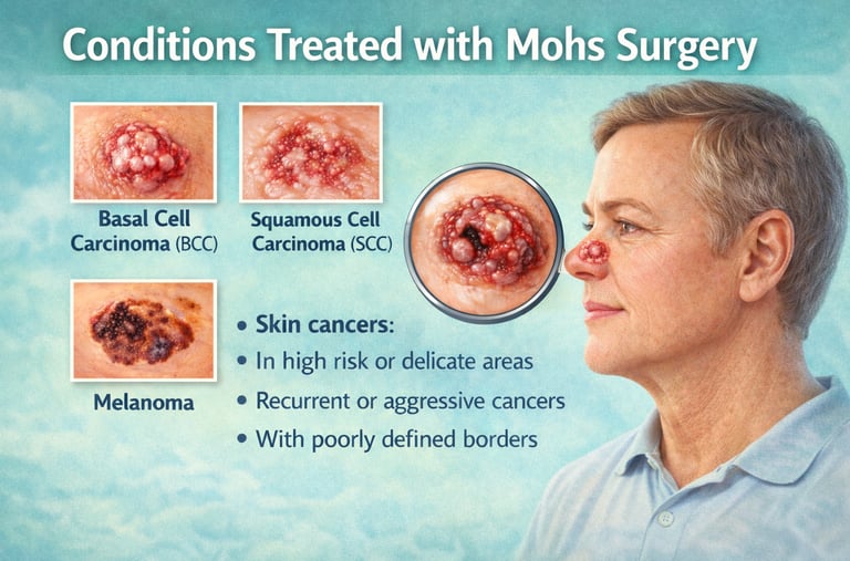Illustration showing skin conditions treated with Mohs surgery