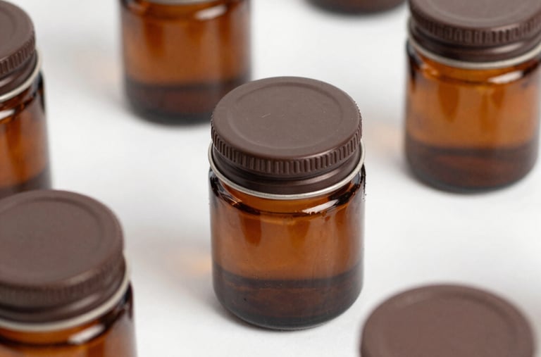 A collection of natural and synthetic candle fragrances in small bottles.