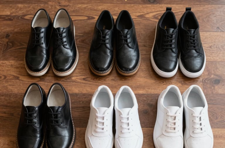 Close-up of colorful girls’ school shoes lined up on a classroom floor