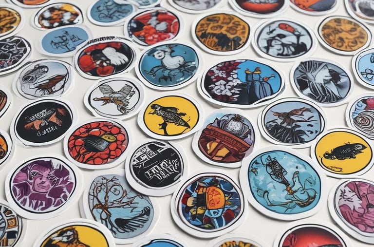 A collection of stickers and pins featuring the Emperor Homme Fraise character.