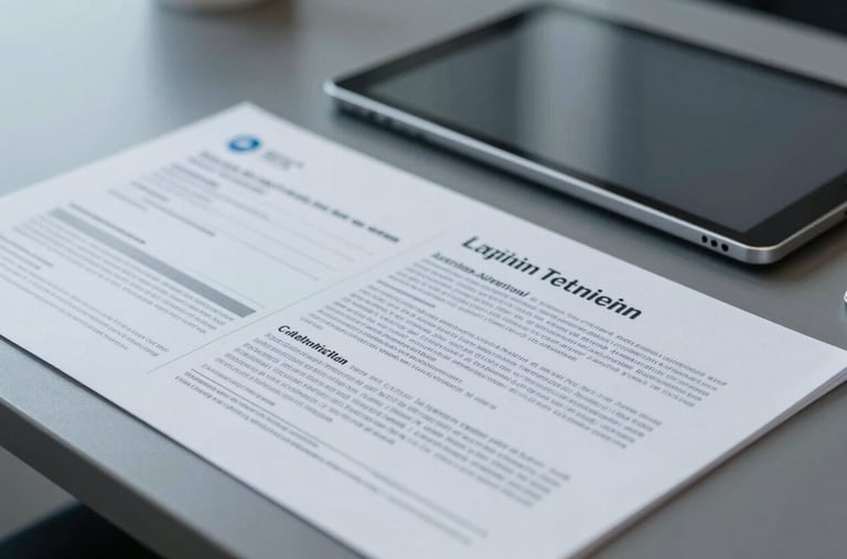 Close-up of a professional desk in a Latin American corporate office with high-end technical reports and a minimalist digital tablet, oxford gray and surgical blue lighting, authoritative and sharp focus photography.