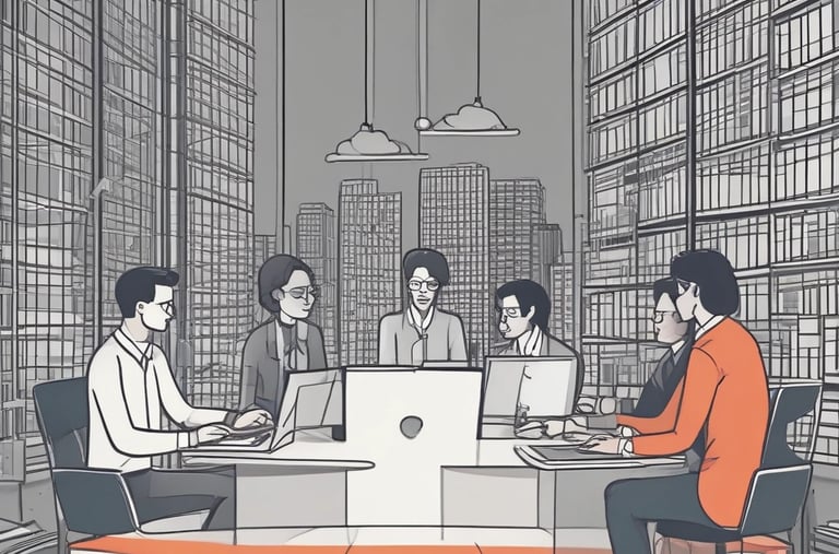 Diverse business team collaborating on laptops in a modern city office illustration.