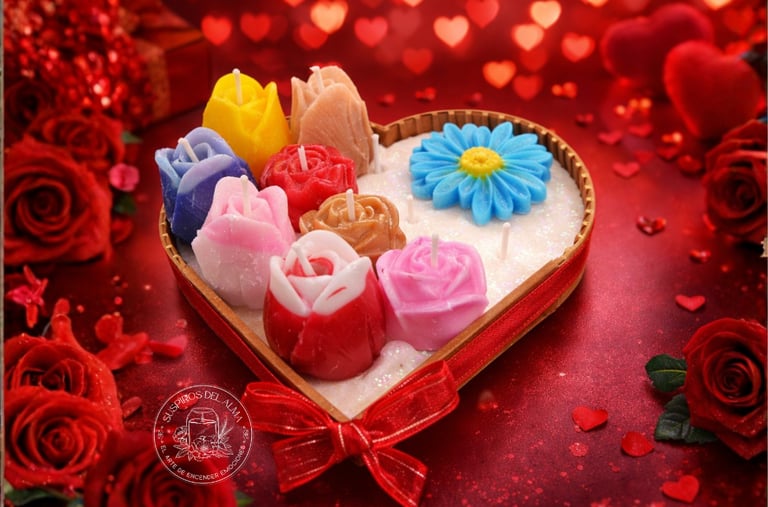 Heart-shaped gift box filled with colorful floral-scented candles for Valentine's Day decor.