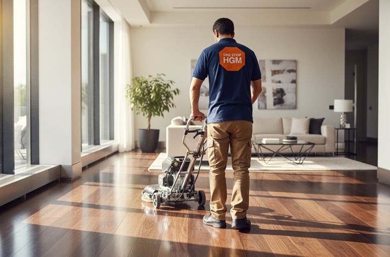 a man in a blue shirt is waxing a hardwood floor