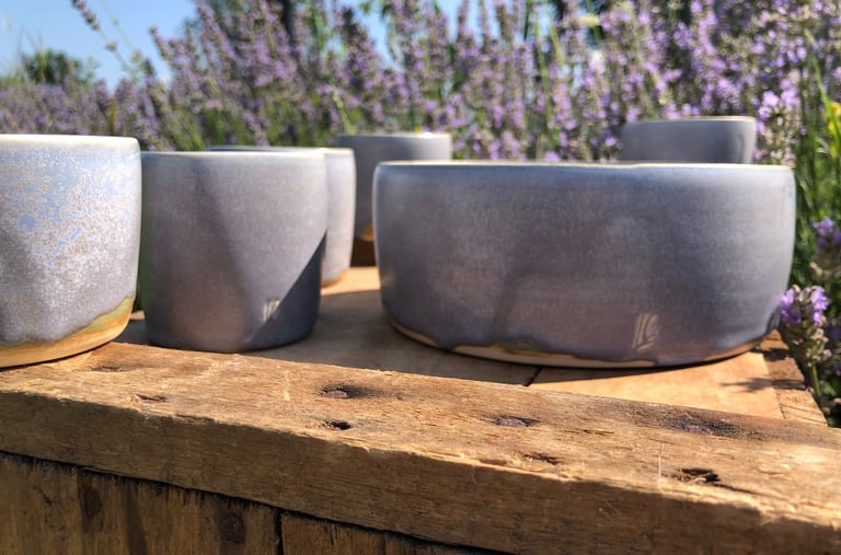 Plusieurs poterie de couleur lavande devant des lavandes en fleur