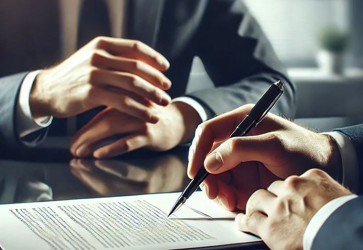 zwei Männer in Anzug und Krawatte sitzen an einem Tisch